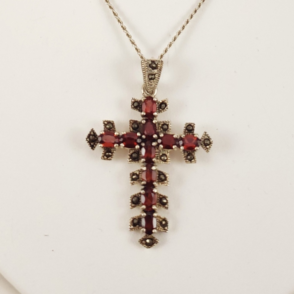 Antique Red Garnet Sterling Cross Neckalce!!